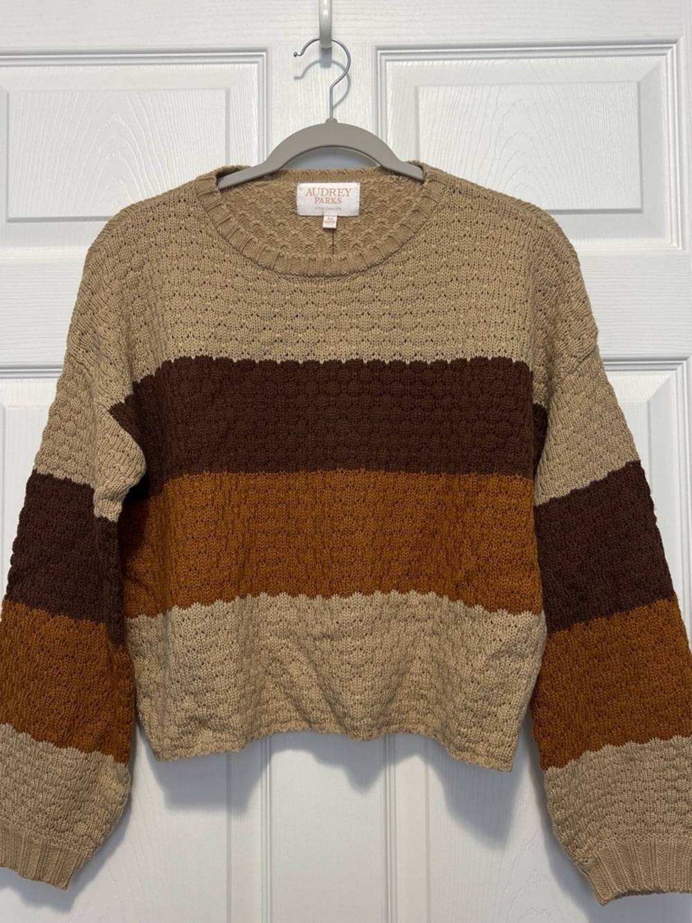 Francesca's Collections Striped Crewneck Sweater in Tan, Brown & Rust